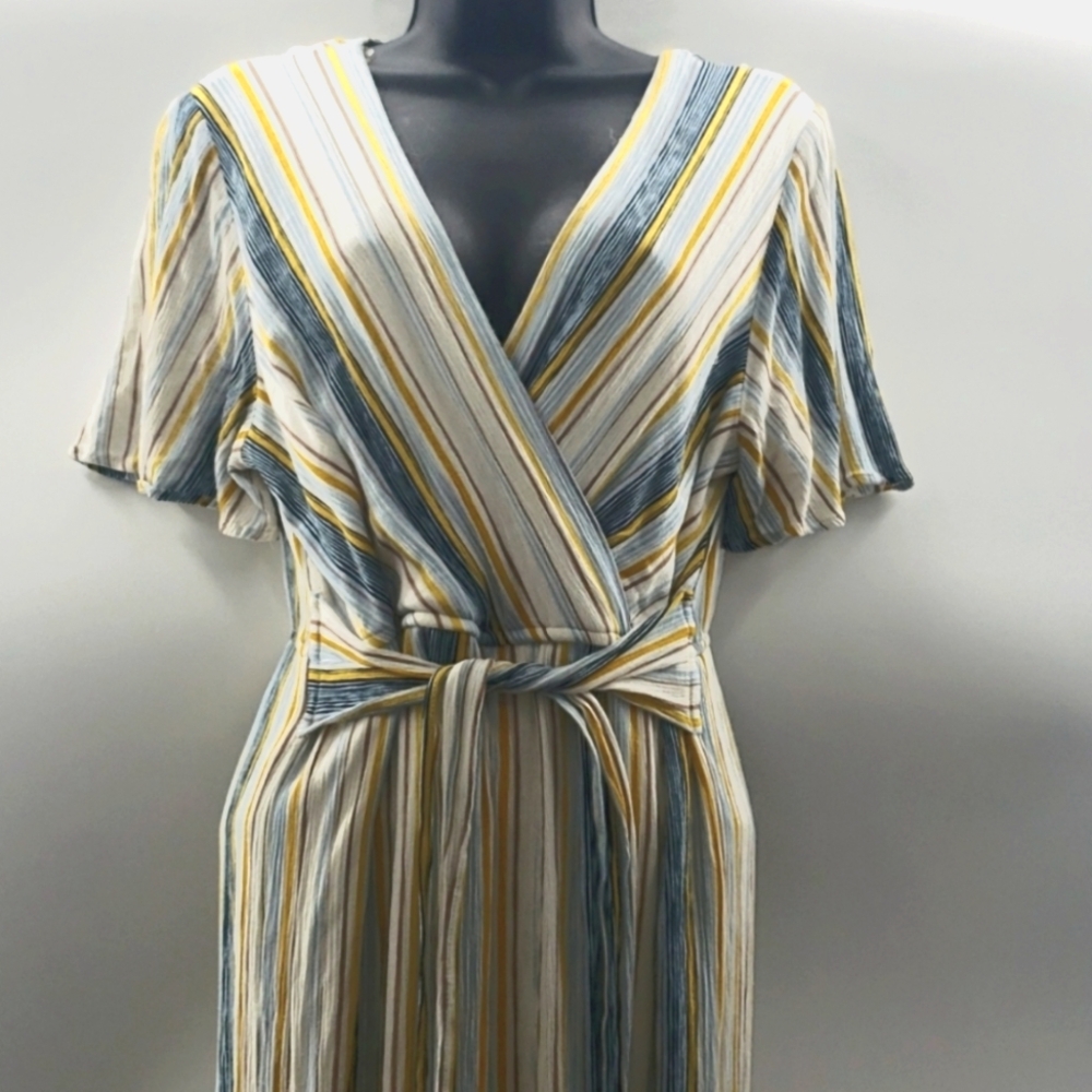 Mi Ami Lightweight Striped Pantsuit, Size Large Blue, White & Yellow Tie Waist